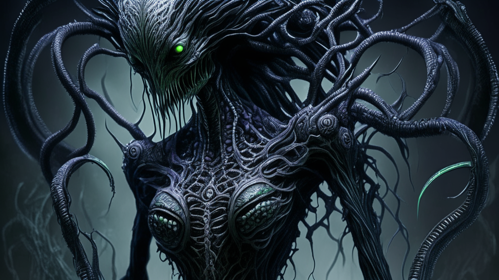 an alien monster with spiky venom filled tentacles wrapping around the body of a beautiful alien goddess, with full super sharp details and quality, full HD quality, intricate detail, delicate detail, dark sci-fi fantasy horror style