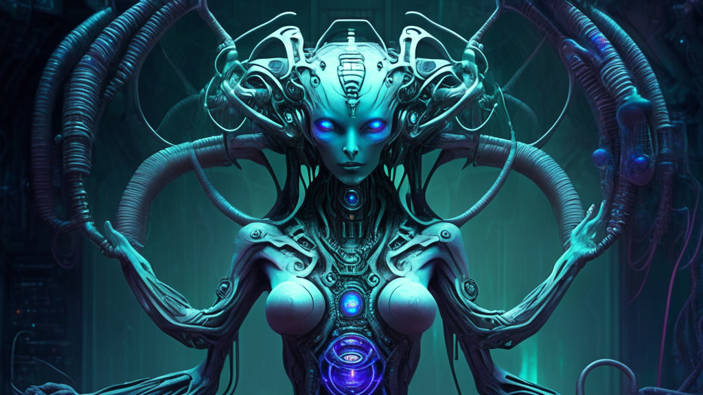 an alien goddess connected to a machine