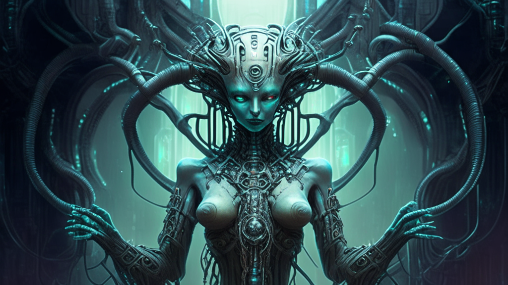 an alien goddess connected to a machine