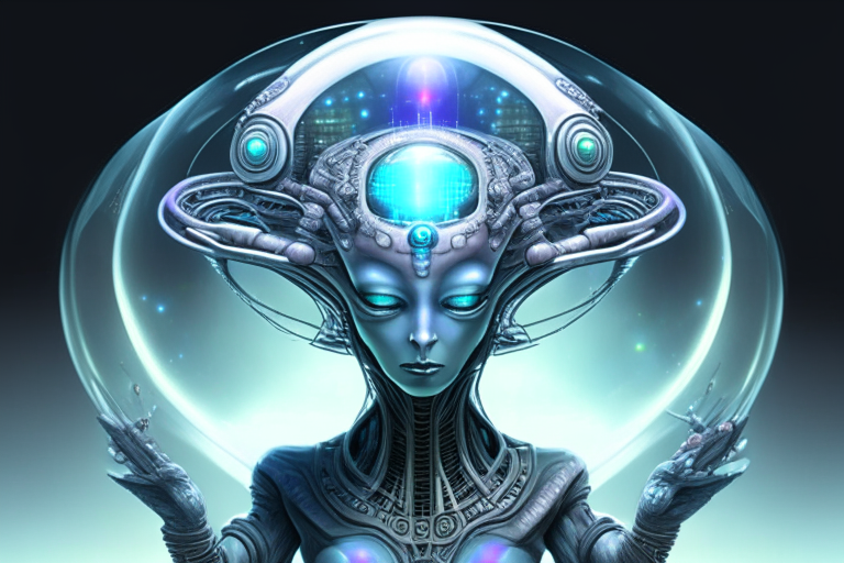 beautiful alien Goddess with an alien mind control machine attached to her transparent domed head reading her thoughts super sharp detail full HD quality 16.9 aspect ratio