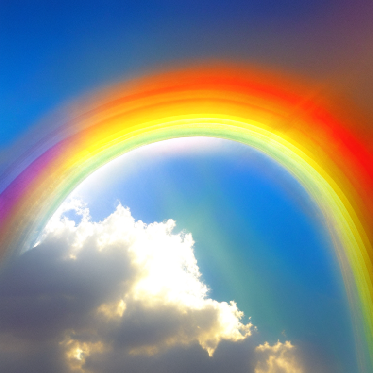 a colorful rainbow halo surrounding a bright yellow sun, shining through clouds