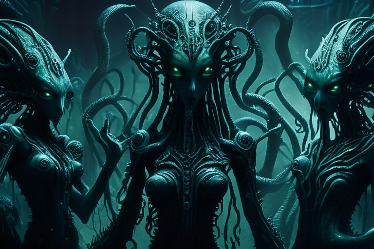 a group of beautiful alien goddesses linked together by slimey textured tentacles with sharp hooked claws, with alien biomechanical machines in the background, dark moody atmosphere, super sharp deatil, intricate detail, full HD  quality, 16.9 aspect ratio, dark sci-fi fantasy