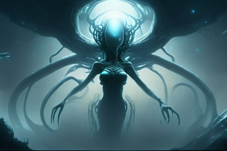 an alien spacecraft hovering above a beautiful alien goddess, connecting to her with fleshy biomechanical tentacles, dim misty atmospheric background, hyper quality details, full HD  quality, 16.9 aspect ratio, dark sci-fi horror fantasy style