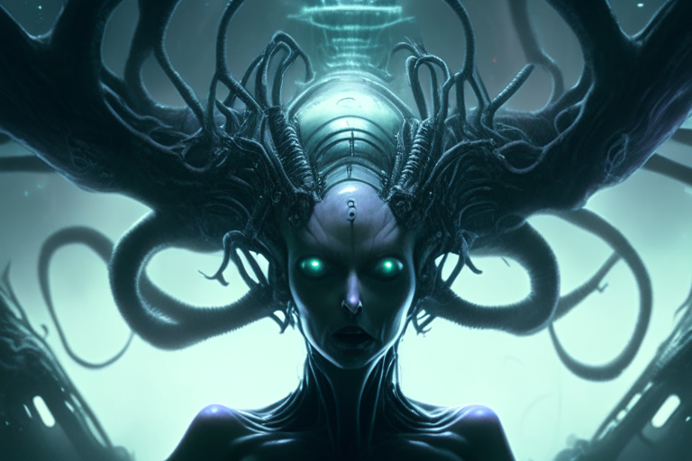 an alien spacecraft hovering above a beautiful alien goddess probing her with fleshy biomechanical tentacles and adding implants to her brain, dark misty atmospheric background, super sharp hyper real details, full HD quality, 16:9 aspect ratio, dark sci-fi horror fantasy
