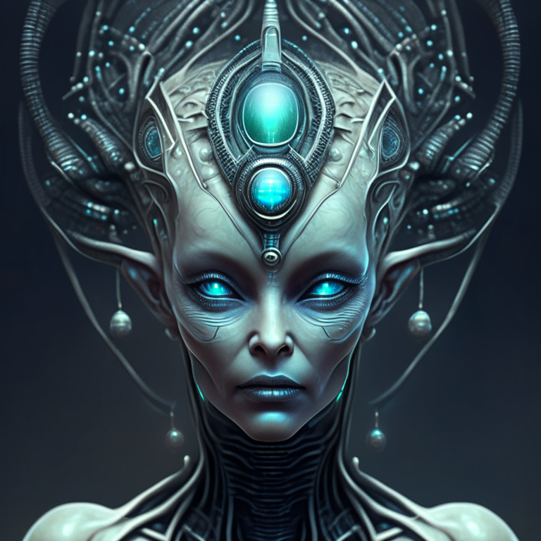 an alien goddess with microchip implants in her transparent domed head hyper realistic detail dark sci-fi fantasy horror style