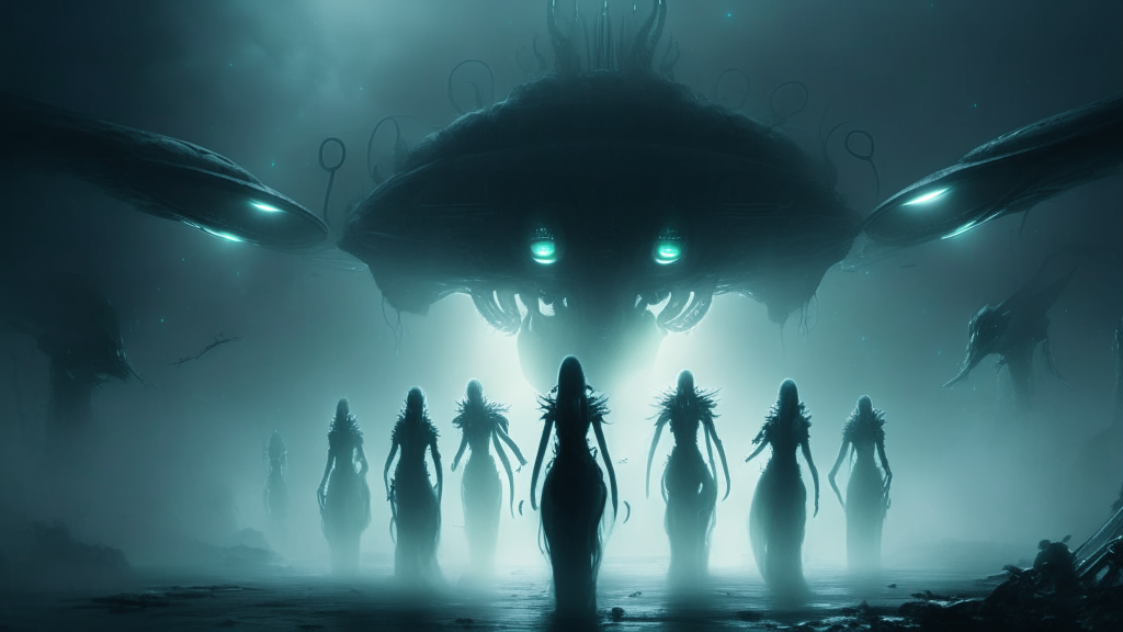 a group of alien goddesses leaving their alien spacecraft in a dark, moody atmosphere with mist highly detailed full HD quality dark sci-fi fantasy style