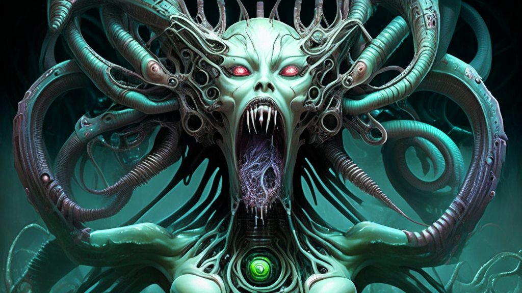 an alien goddess fused to a biomechanical alien machine with alien tentacles emerging from her mouth