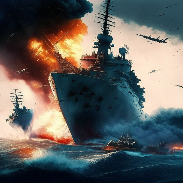 Porta-aviões sendo atacado por três navios da Segunda Guerra Mundial