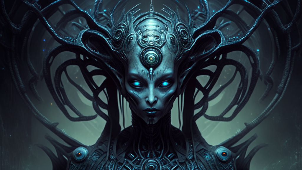 an alien goddess linked to a mind control machine, dark sci-fi fantasy style