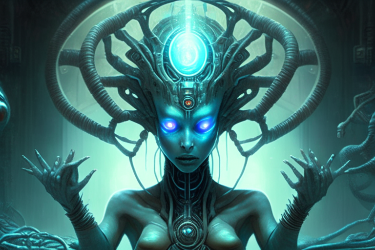 an alien goddess being controlled by a mind control machine
