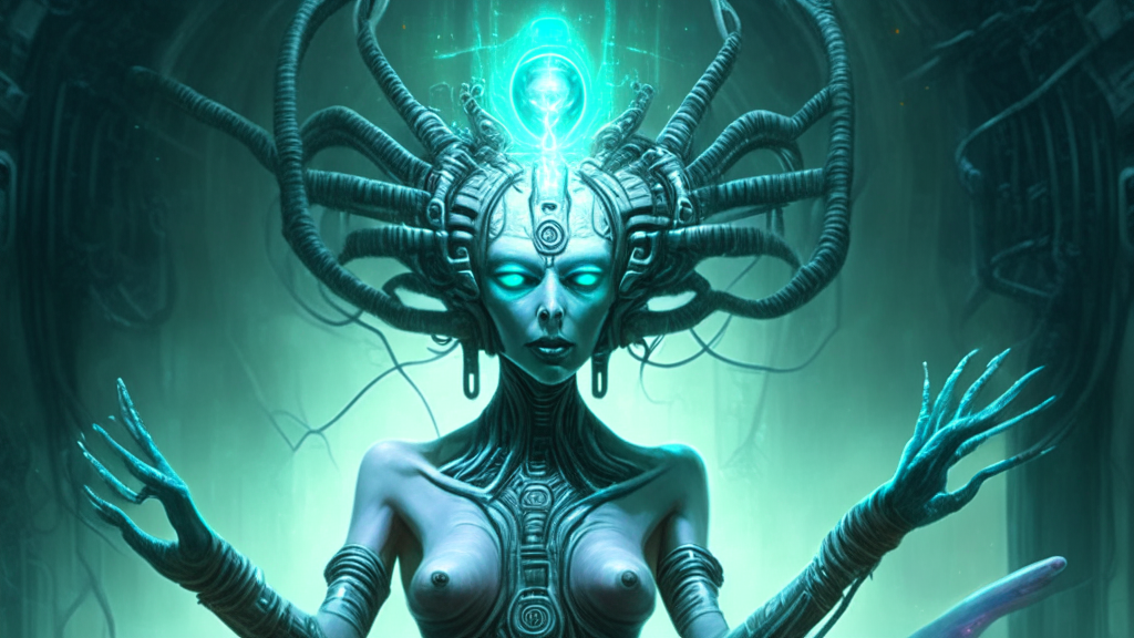 an alien goddess being controlled by a mind control machine