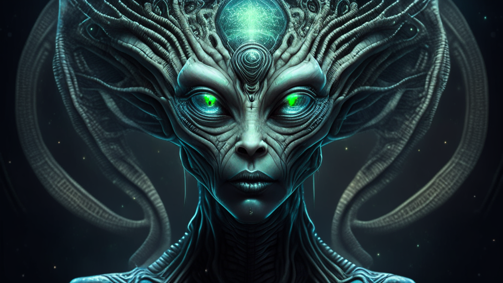 a beautiful alien goddess with a transparent domed head showing details of her brain inside, reptilian skin, hyper detailed, 16:9 aspect ratio, full HD quality, dark atmospheric background, dark sci-fi fantasy style