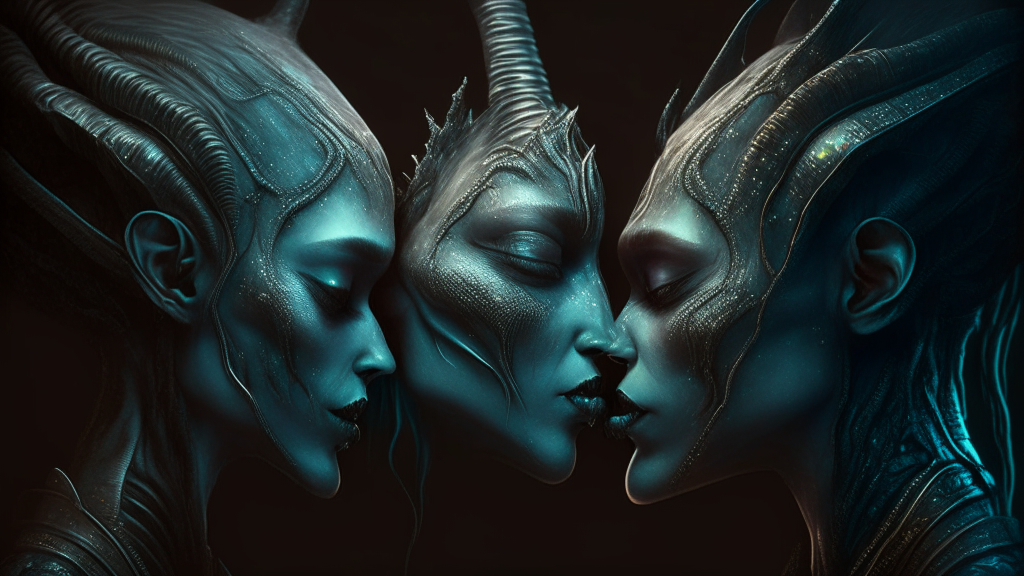 two beautiful alien goddesses, one licking the other on the cheek, with a dark atmospheric background hyper realistic details, dark sci-fi fantasy style