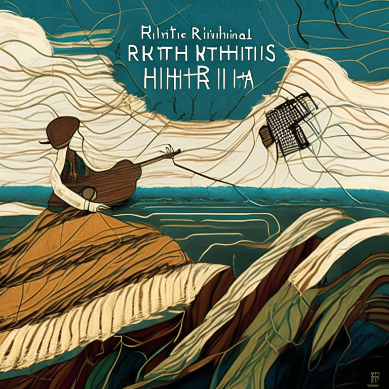 Cover art for an electro folk album called 'Rhythms of the Wind' in an organic argentine style, with a human figure playing an instrument