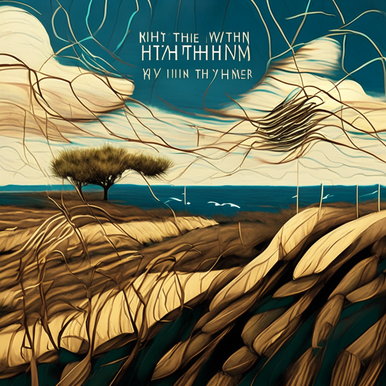 Cover art for an electro folk album called 'Rhythms of the Wind' in an organic argentine style, with a windy landscape
