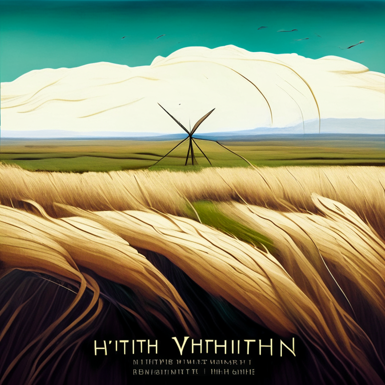 Cover art for an electro folk album called 'Rhythms of the Wind' in an organic argentine style, with a landscape of windy fields