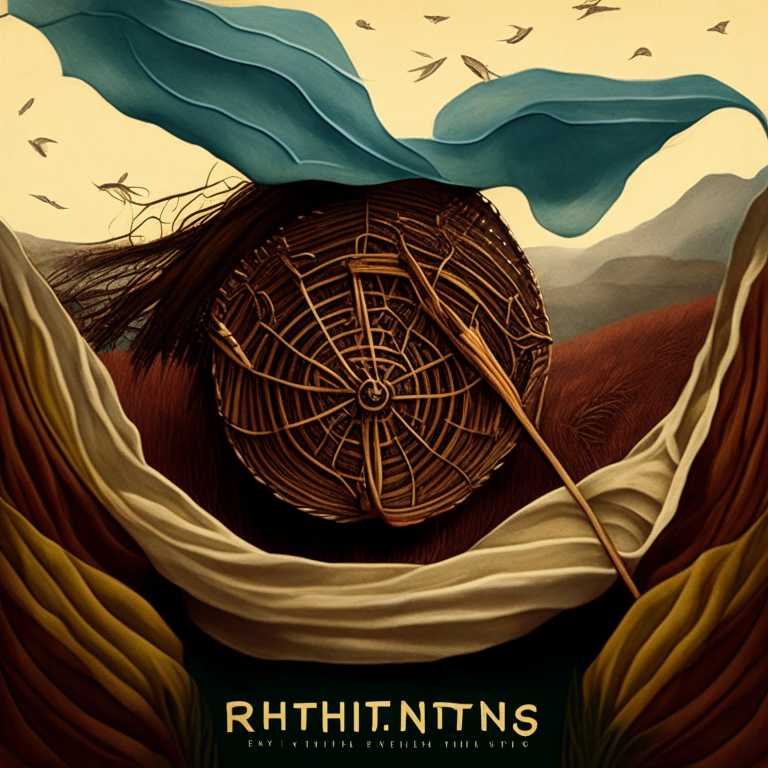 Cover art for an electro folk album called 'Rhythms of the Wind' in an organic argentine style, with a closeup of an instrument