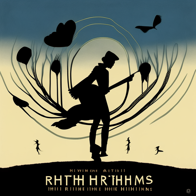Cover art for an electro folk album called 'Rhythms of the Wind' in an organic argentine style, with a silhouette of a musician
