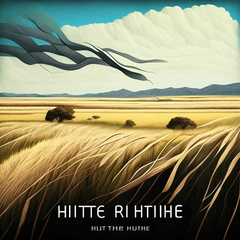 Cover art for an electro folk album called 'Rhythms of the Wind' in an organic argentine style, with a landscape of windy fields