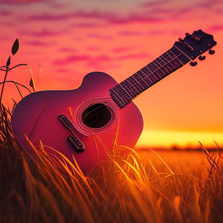 A closeup of an acoustic guitar with strings glowing different colors, surrounded by windblown grass and leaves on an orange and pink sky at sunset.