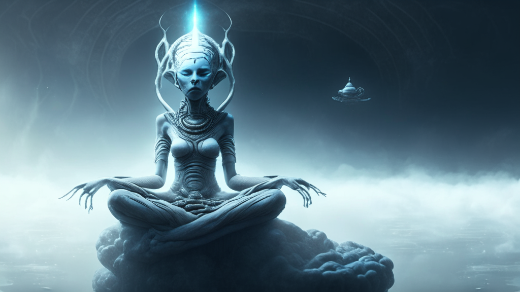 a beautiful alien goddess sitting in a meditation position on a floating cloud hyper realistic detail, full HD quality, 16:9 aspect ratio, dark sci-fi fantasy style
