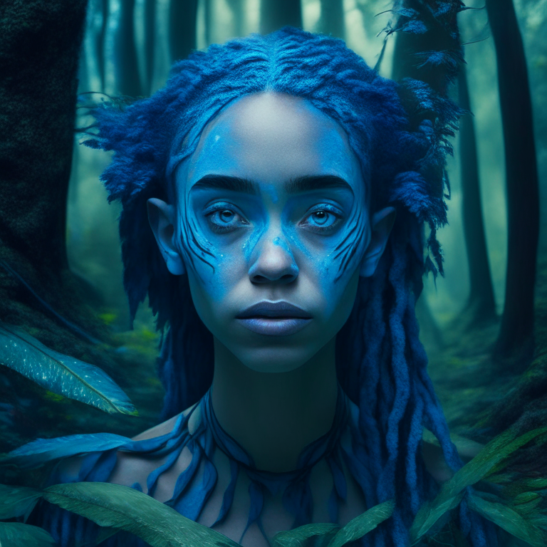 A portrait of a blue female avatar in a hyperrealistic forest
