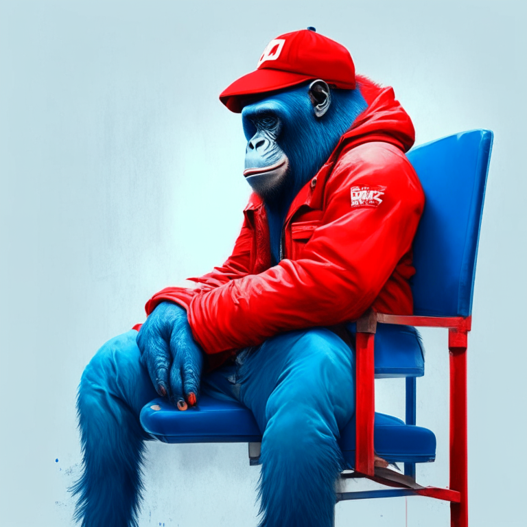 Beautiful red gorilla 🦍, blue jacket, white cap, site on nice chair 💺, multicolour.