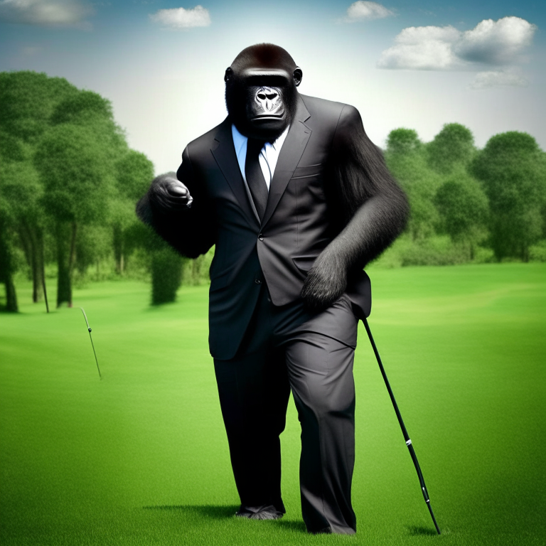 Beautiful black gorilla 🦍, wear suit trousers,  play golf, ⛳ background nature 