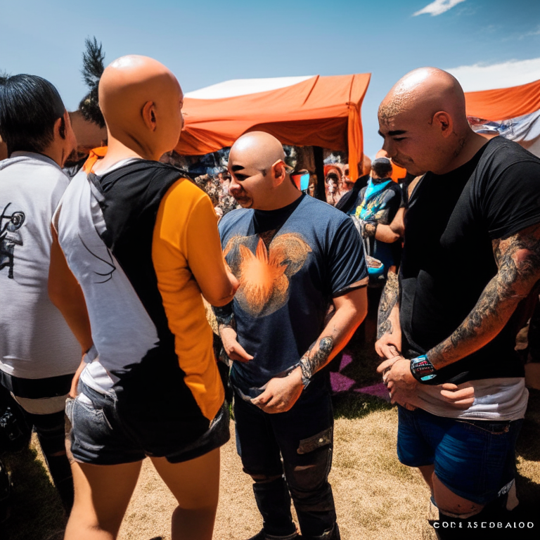 Krillin From Dragón Ball Meeting Members of Banda Los Lobos in the VIP area At Horizons Festival (A Festival Near San José Volcano In Santiago Chile)