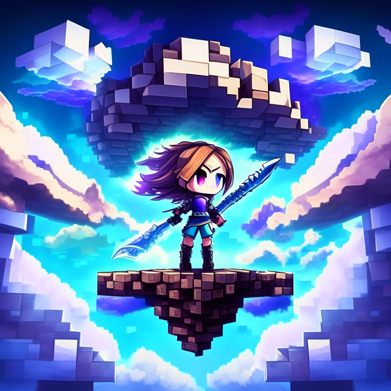 Wormhole to the nether dimension, nether portal, minecraft, chibi swordswomen, blue sky, clouds