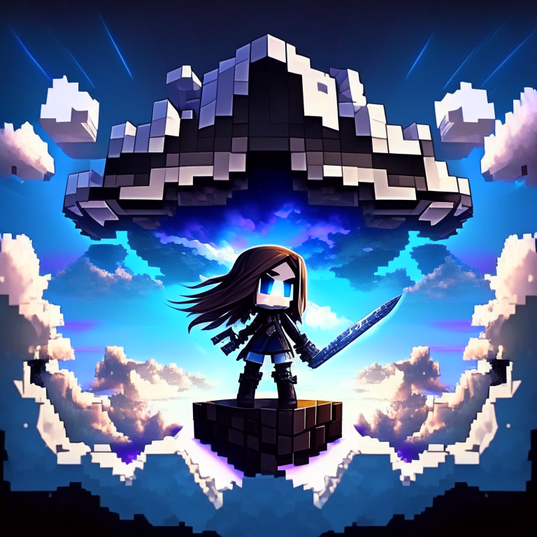 black nether portal, minecraft, chibi swordswomen, blue sky, clouds