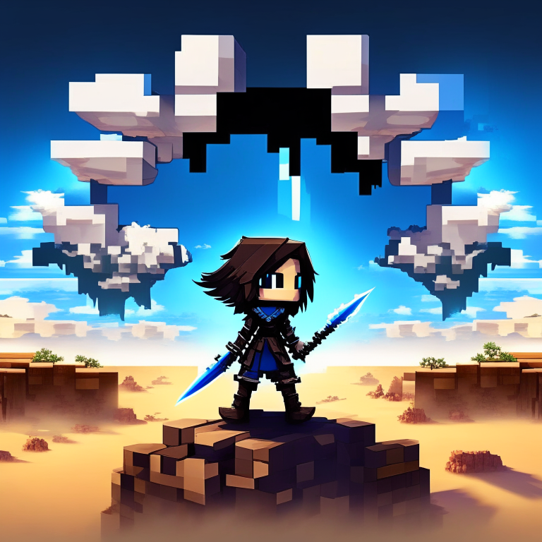 black nether portal, minecraft, chibi swordswomen, blue sky, clouds, desert