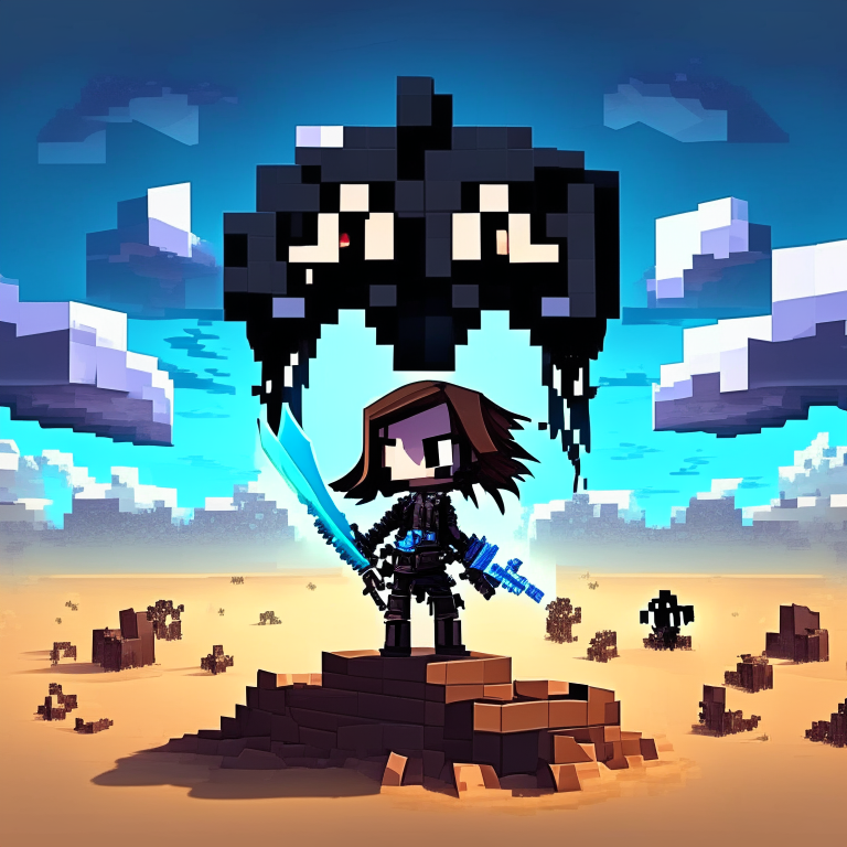 black nether portal, minecraft, zombi chibi swordswomen, blue sky, clouds, desert