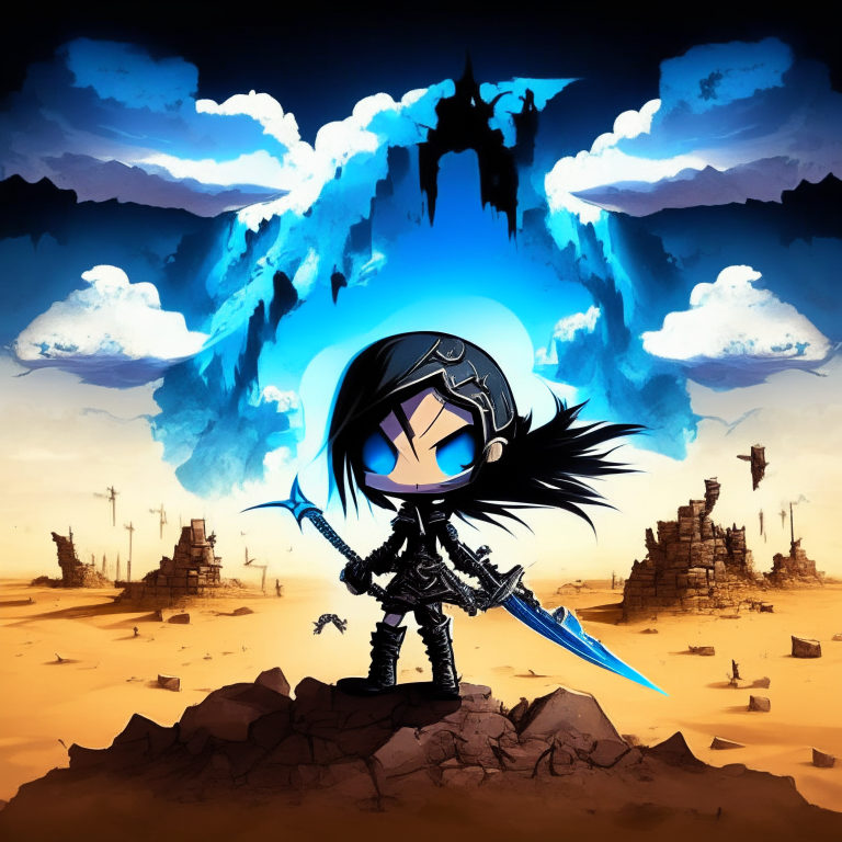 black nether portal, zombie chibi swordswomen, blue sky, clouds, desert