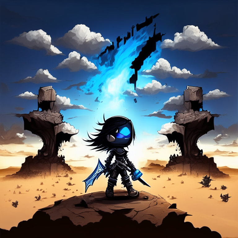 black nether portal, zombie chibi swordswomen, blue sky, clouds, desert