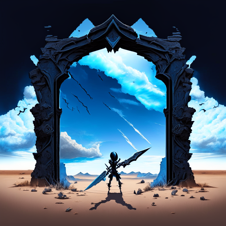 black nether portal frame of obsidian arc doorway, skeleton of a chibi swordswomen, blue sky, clouds, desert