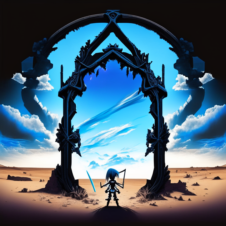 black nether portal frame of obsidian arc doorway, skeleton of a chibi swordswomen, blue sky, clouds, desert