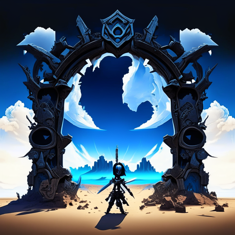 black nether portal frame of obsidian arc doorway turbine armored, skeleton of a chibi swordswomen, blue sky, clouds, desert