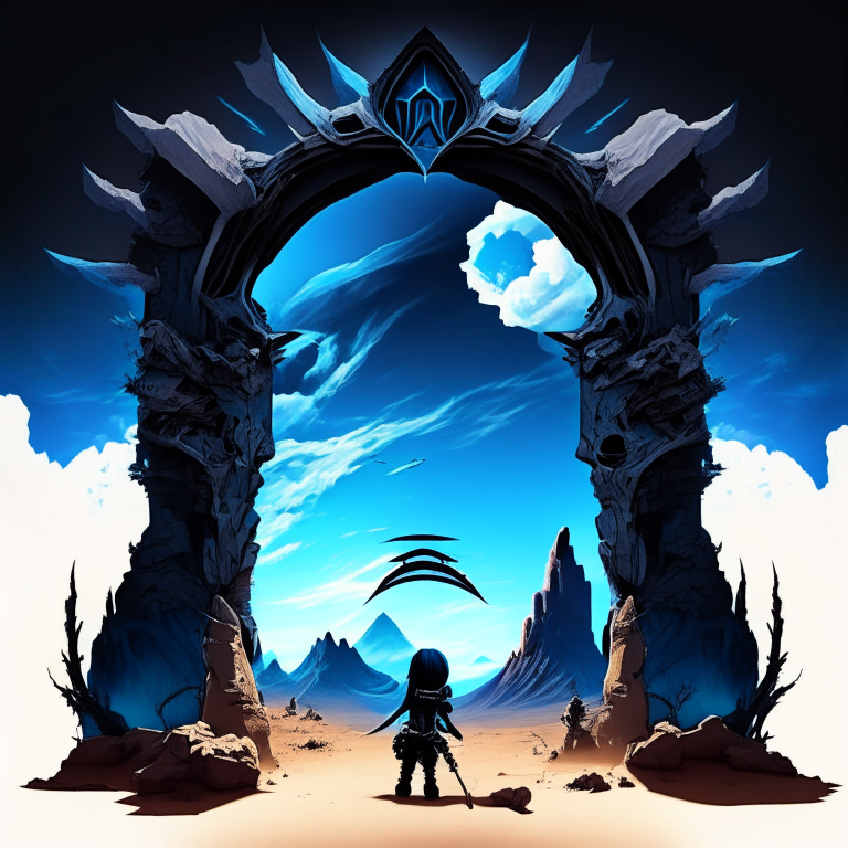 black nether portal frame of obsidian arc doorway turbine armored, skeleton of a chibi swordswomen, blue sky, clouds, desert, mountain cliff