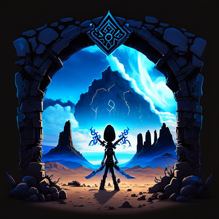 black nether portal frame of obsidian arc doorway, glowing runes, armored, skeleton of a chibi swordswomen, blue sky, clouds, desert, mountain cliff