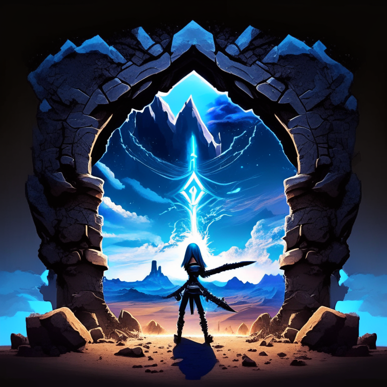 black nether portal frame of obsidian arc doorway, glowing runes, armored, magic chibi swordswomen, blue sky, clouds, desert, mountain cliff