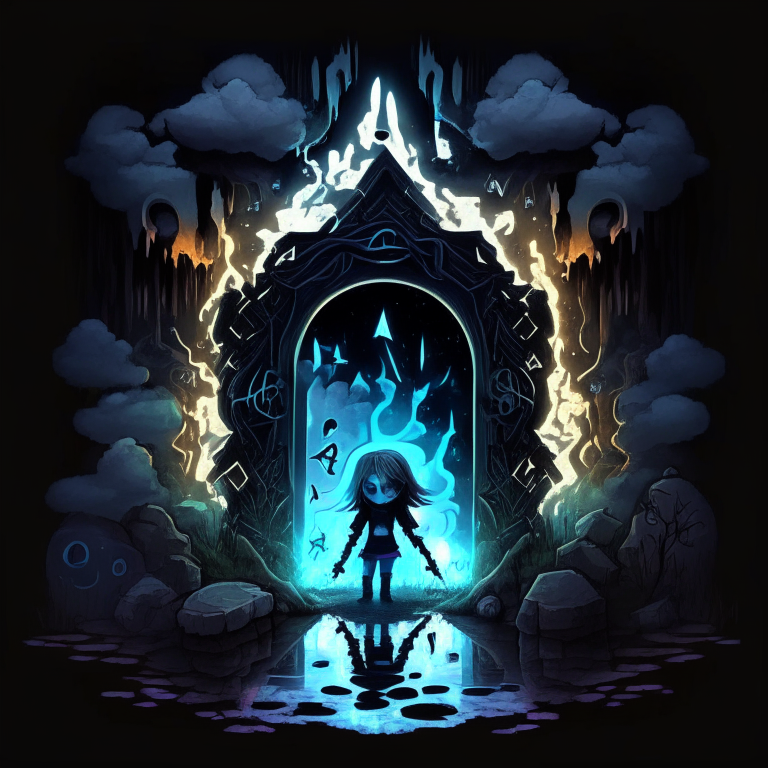 black nether portal frame of obsidian arc doorway, glowing runes, magic chibi pickaxe women, clouds, swamp