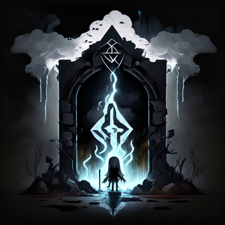 black nether portal frame of obsidian arc doorway, glowing runes, magic chibi pickaxe women, clouds, swamp, bleak smoldering grey