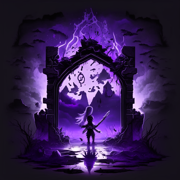 black nether portal frame of obsidian arc doorway, glowing purple runes, magic chibi axe women, clouds, swamp, bleak smoldering grey