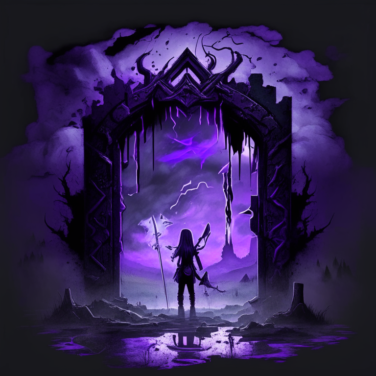 black nether portal frame of obsidian arc doorway, glowing purple runes, magic chibi axe women, clouds, swamp, bleak smoldering grey