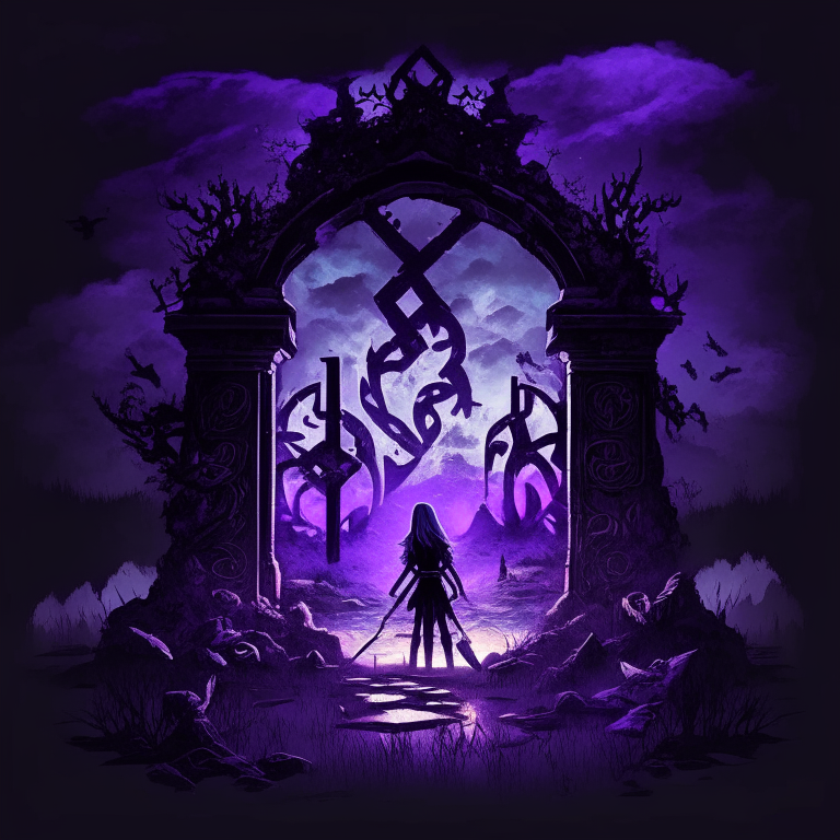 black nether portal frame of obsidian arc doorway, glowing purple runes, magic chibi axe women, clouds, swamp, graveyard ruins