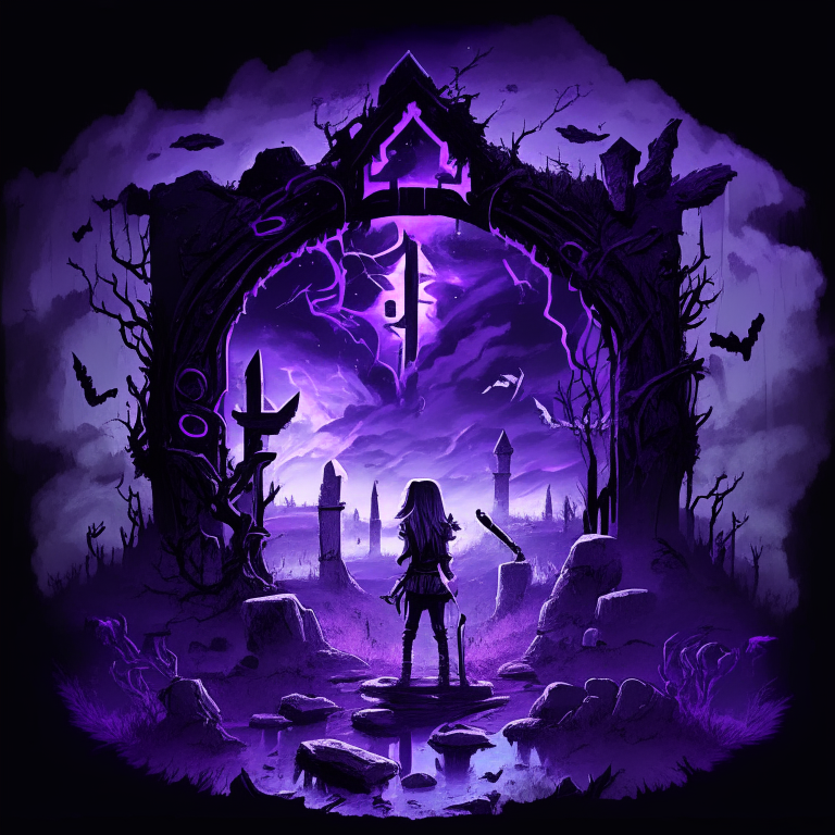 black nether portal frame of obsidian arc doorway, glowing purple runes, magic chibi axe women, clouds, swamp, graveyard ruins