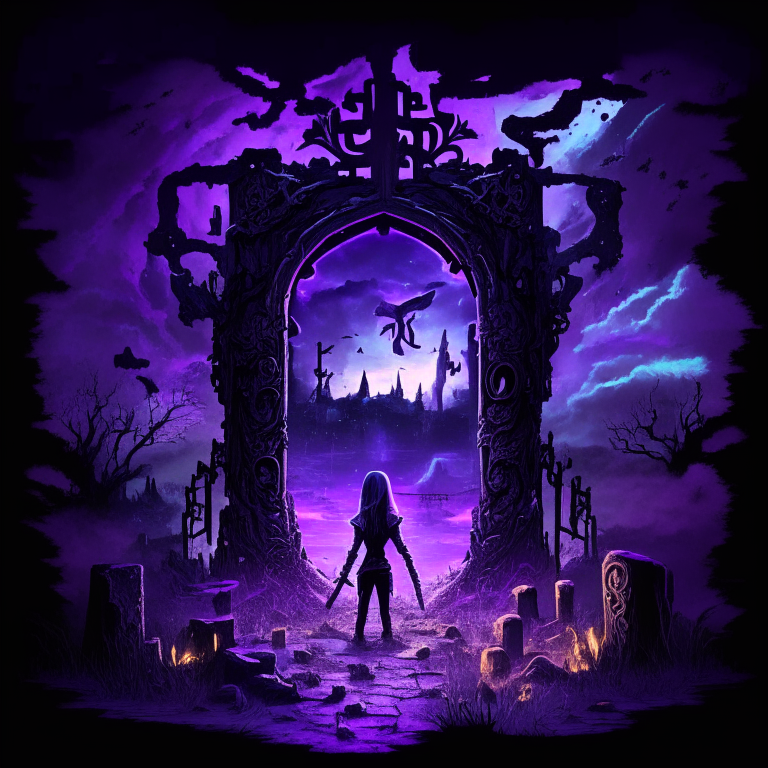 black nether portal frame of obsidian arc doorway, glowing purple runes, magic chibi axe women, clouds, swamp, graveyard ruins