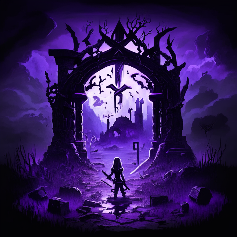 black nether portal frame of obsidian arc doorway, glowing purple runes, magic chibi axe women, clouds, swamp, graveyard ruins