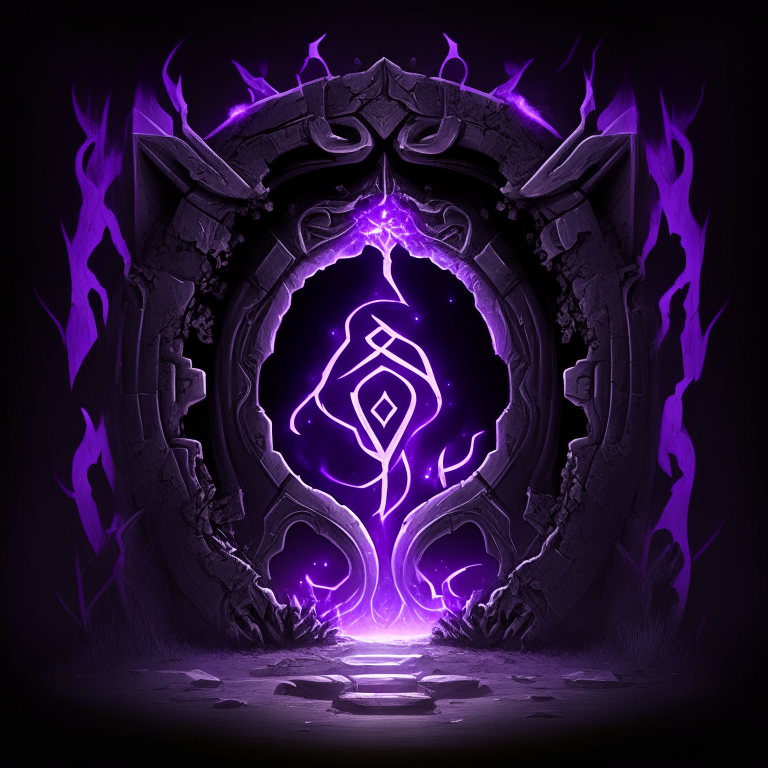 black nether portal frame of obsidian arc doorway, glowing purple runes, caduceus, chibi
